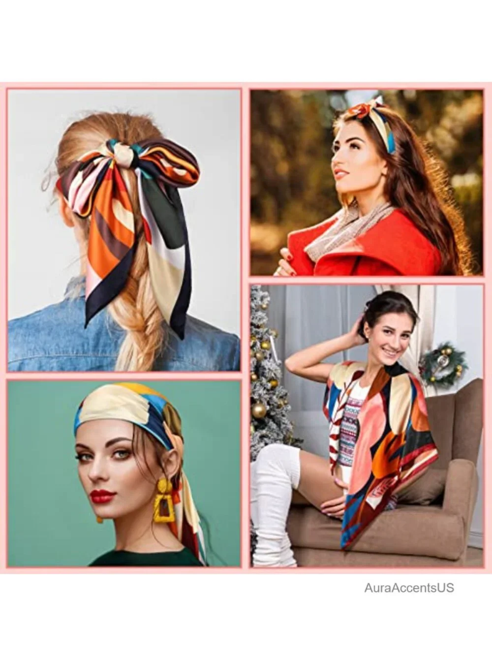 4 Pcs 35'' Large Square Satin Hair Scarf Silk Like Head Wrap Floral Bandana